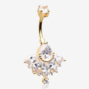 Golden Floral Elegant Art Deco Sparkle Belly Button Ring -Clear Gem